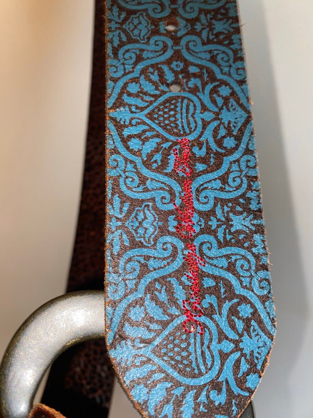 Robert Graham teal and brown belt unique silver “S” buckle tooled embossed 50”